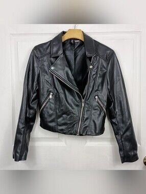 H&M Divided Motorcycle Jacket Womens 4 Black Cropped Faux Leather Biker Edgy
